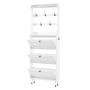 Weiße Flurgarderobe mit Schuhschrank und Haken. Drei Klapptüren für Schuhe, oben sechs Haken und Kleiderstange. Ideal für Diele.