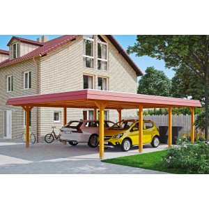 Doppelcarport Wendland Eiche hell mit roter Blende und zwei geparkten Autos.