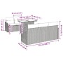 Beiges 7-teiliges Garten-Sofa-Set aus Poly Rattan mit Kissen und Maßangaben.