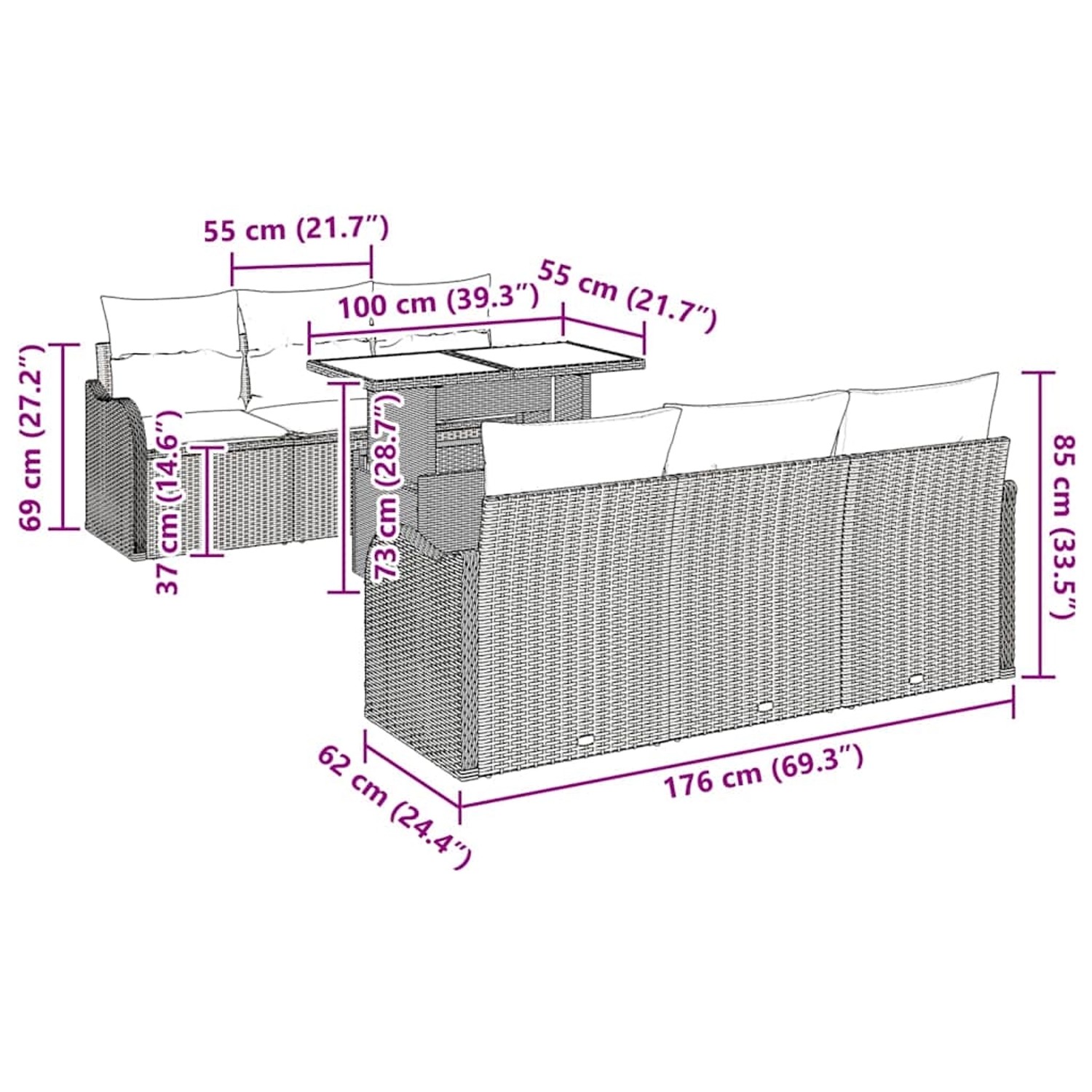 Beiges 7-teiliges Garten-Sofa-Set aus Poly Rattan mit Kissen und Maßangaben.
