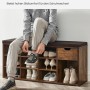 Vintagebraune Schuhbank mit Schublade und Sitzfläche zum Schuhe anziehen.
