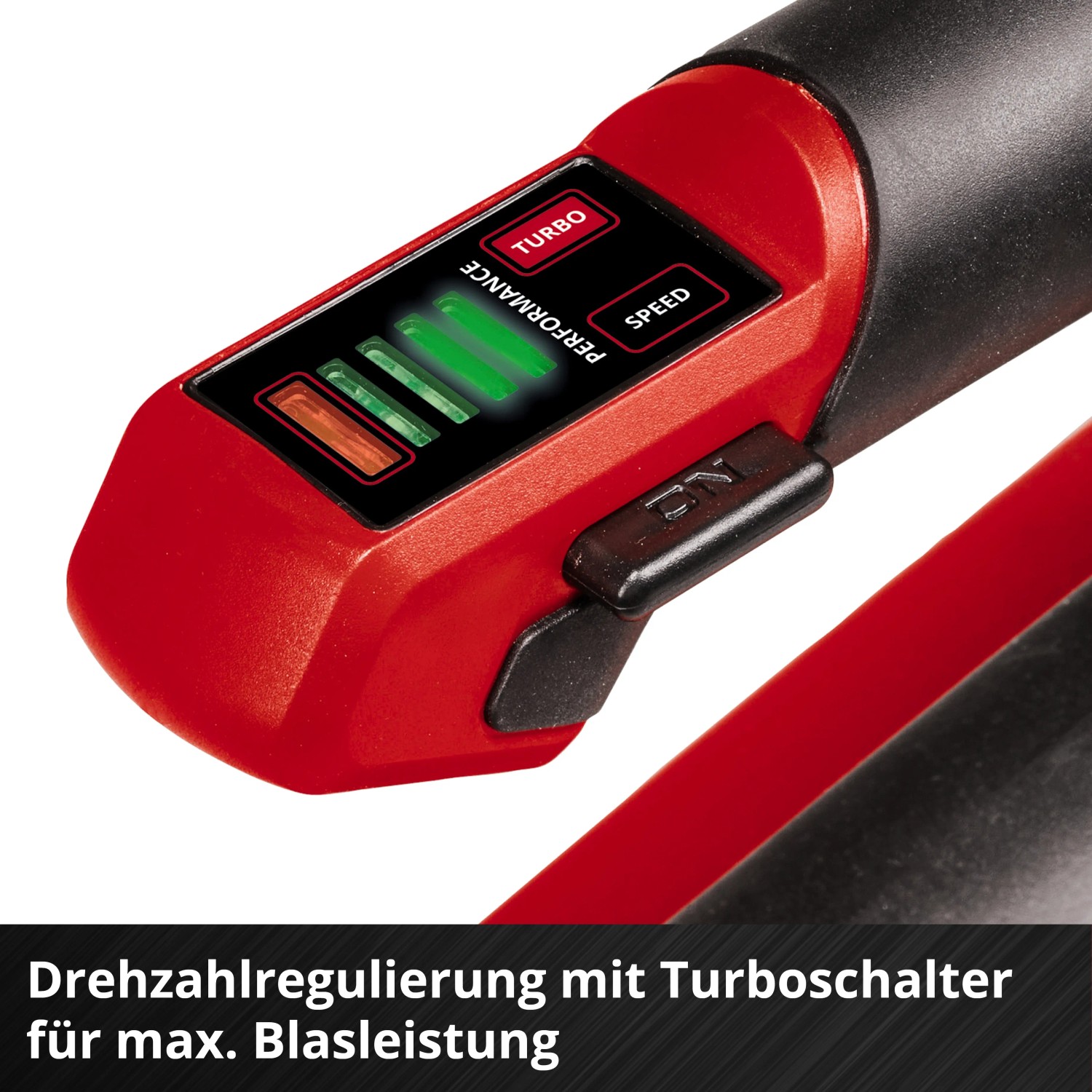 Detailaufnahme des Einhell Akku-Laubbläsers GP-LB 18/200 Li: Drehzahlregelung mit Turbostufe.