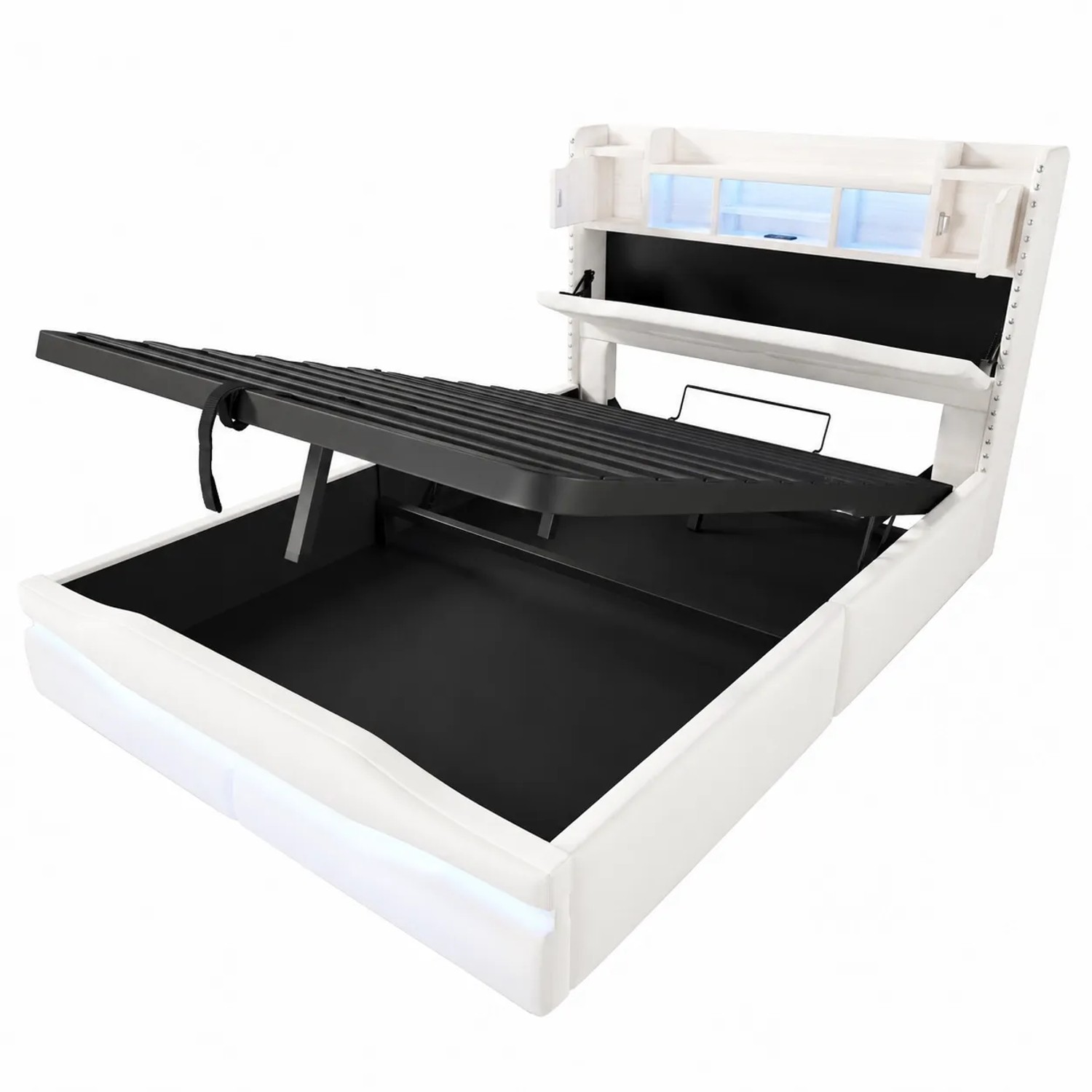 okwish Polsterbett 140x200cm mit LED USB C Hydraulik Staufach Schlafzimmer Beige ohne Matratze