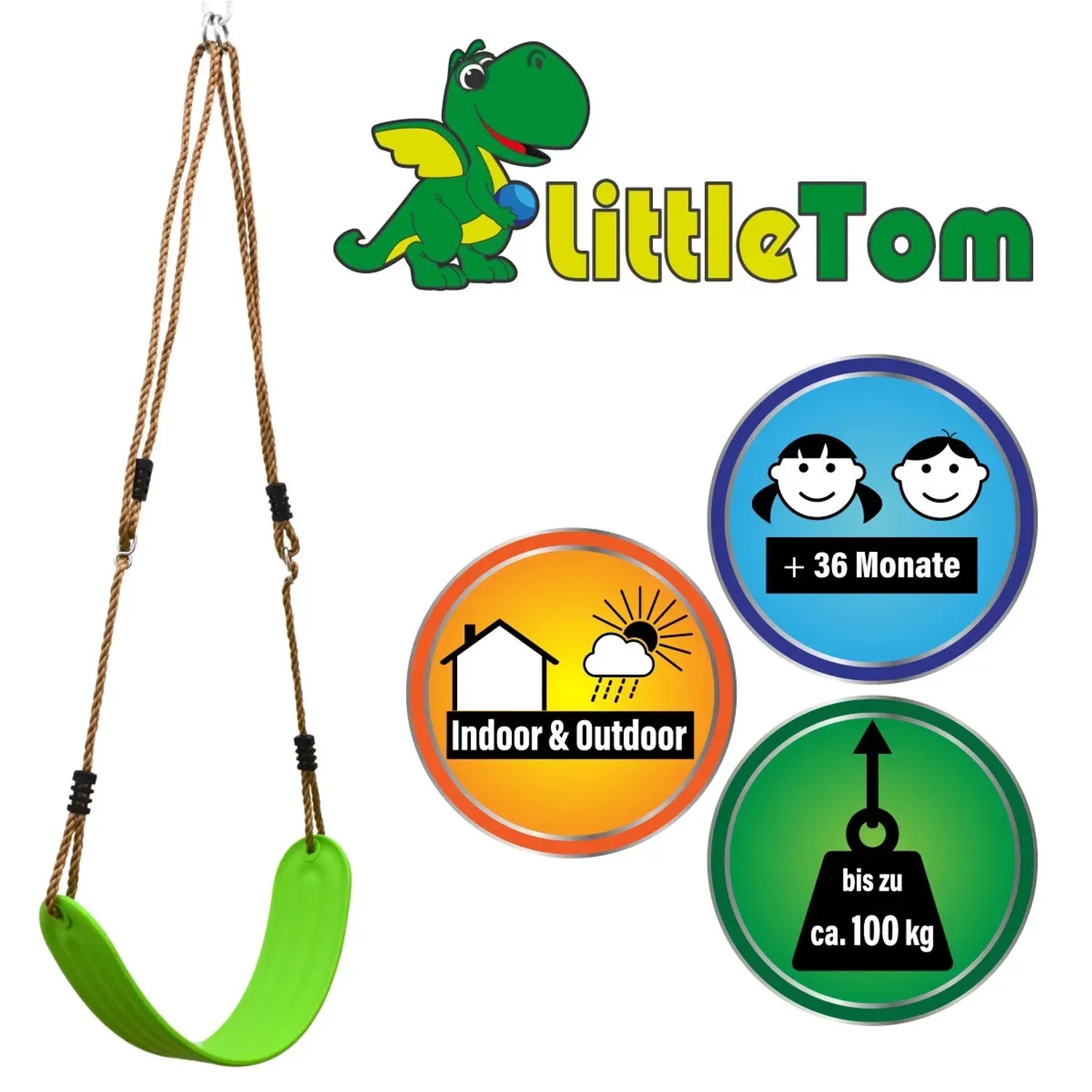 Grüne LittleTom Brettschaukel, belastbar bis 100 kg, für Kinder ab 3 Jahren.
