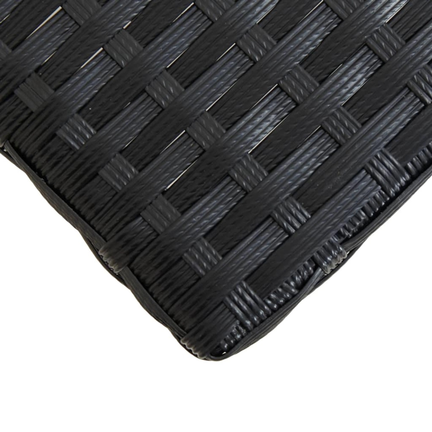 Detailansicht: Schwarze Gartenbank aus Poly Rattan, geflochtene Struktur.
