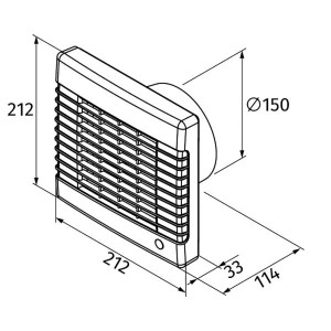 Technische Zeichnung Badventilator Ø 150 mm mit Jalousie und Nachlaufzeit, Maße in mm.