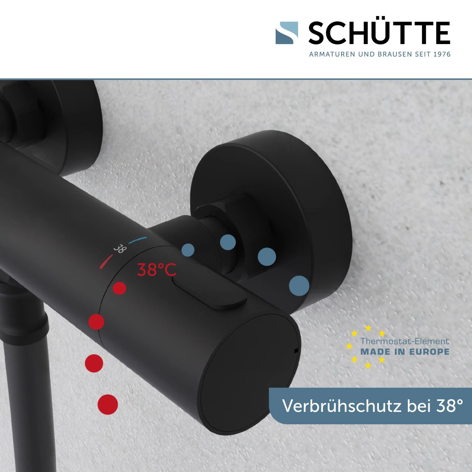 Schütte Thermostat Duscharmatur Los Angeles, schwarz matt, mit Verbrühschutz bei 38°C.