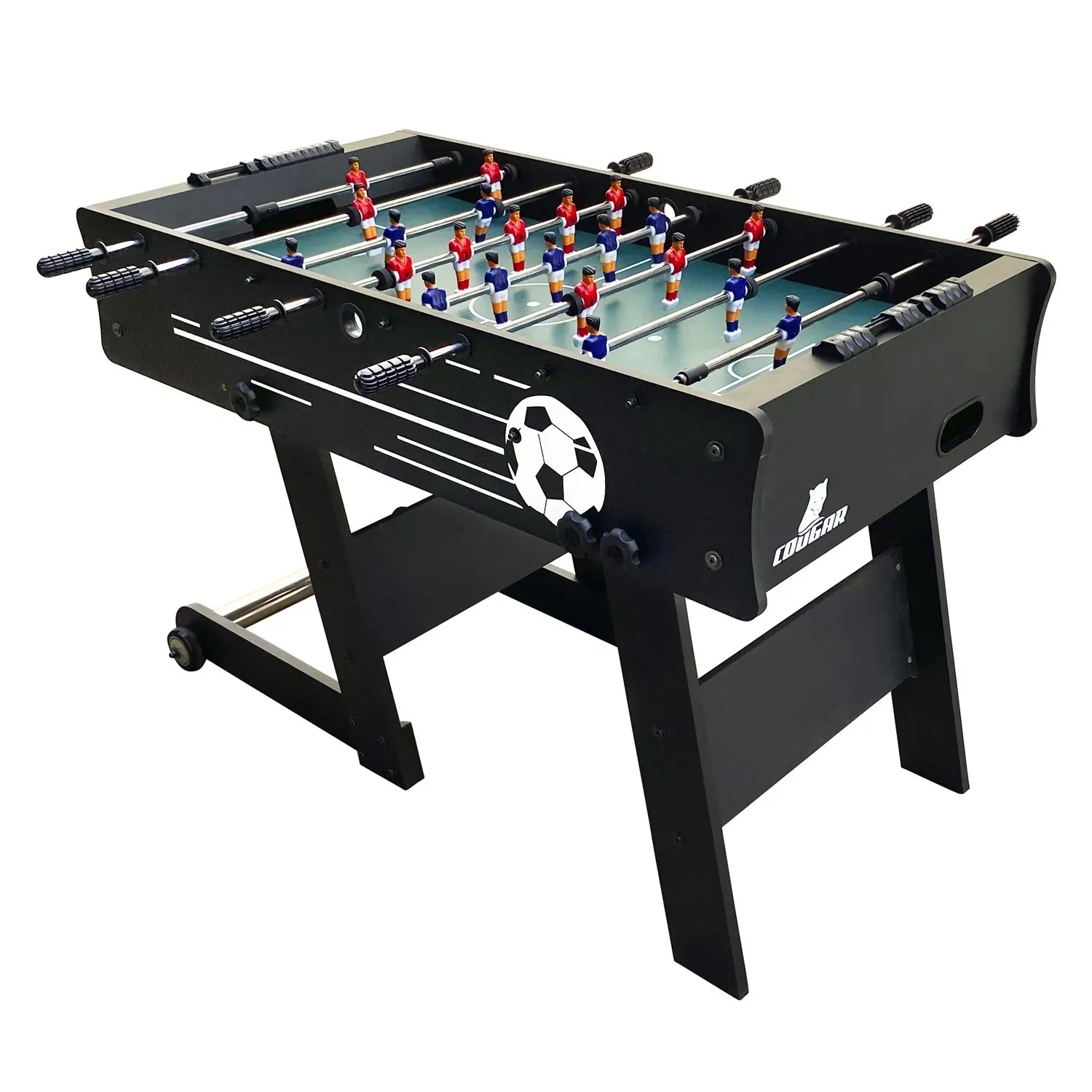 Schwarzer, faltbarer Cougar Tischkicker Scorpion Kick TS mit rot-blauen Spielfiguren.