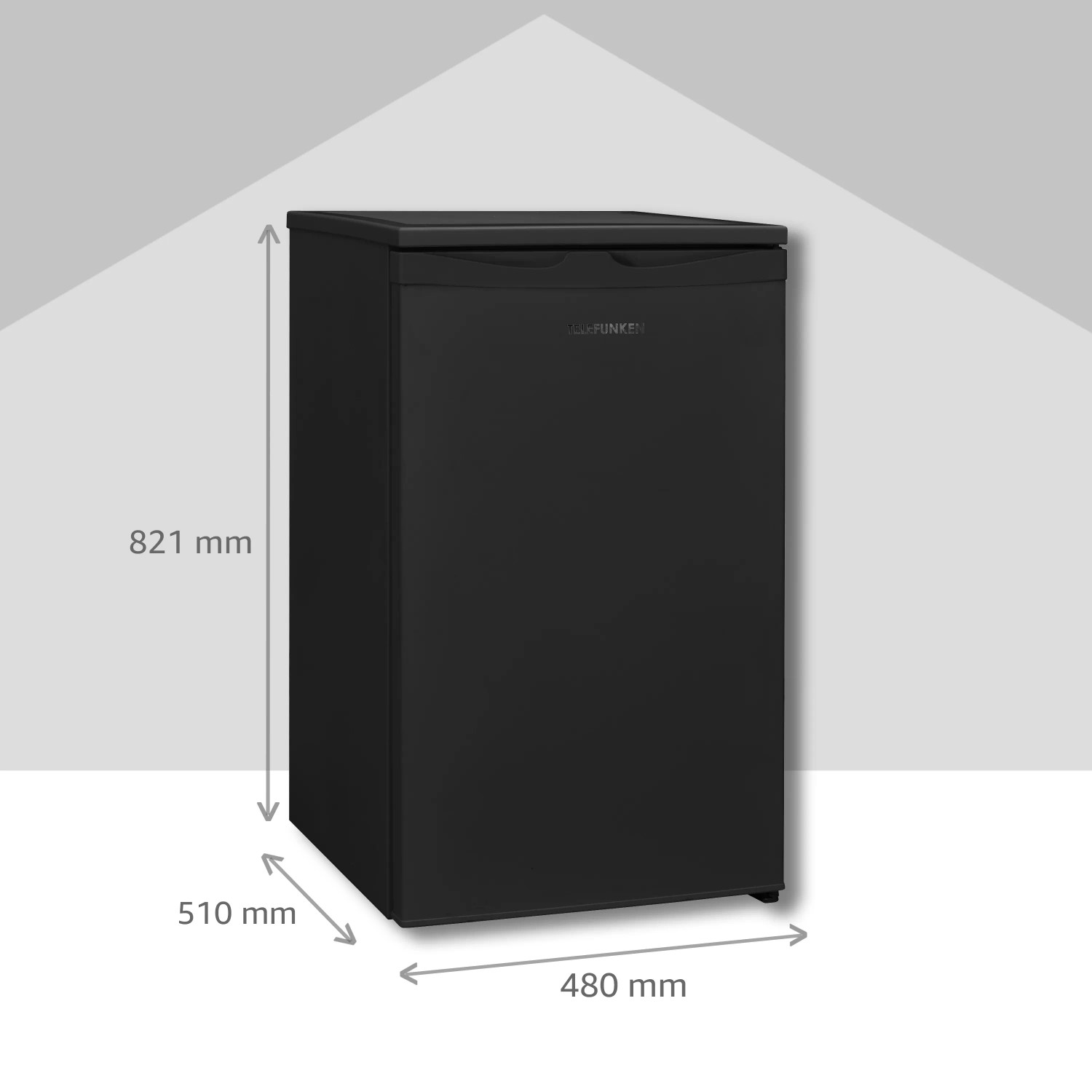 Schwarzer Telefunken Gefrierschrank, 63L Nutzinhalt, freistehend, mit Maßangaben.