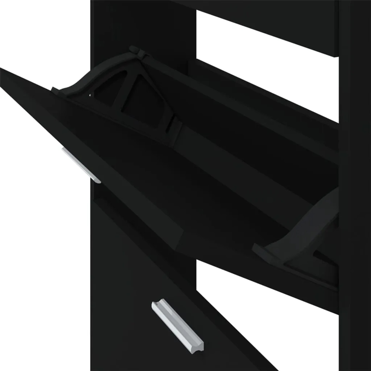 Schwarzer vidaXL Schuhschrank (59x17x108 cm) mit offener Klappe, aus Holzwerkstoff.