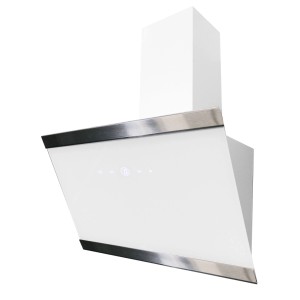 Weiße Respekta Skala Kopffreihaube 60 cm mit Glasfront, Edelstahlleisten und Touch-Bedienung.