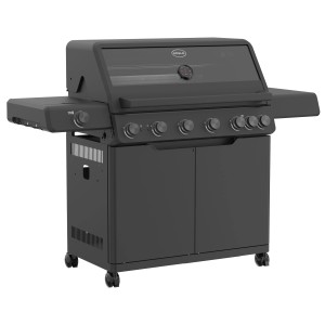 Schwarzer Rösle Gasgrill Allflame Hero 6 mit 6 Brennern und Seitentisch.