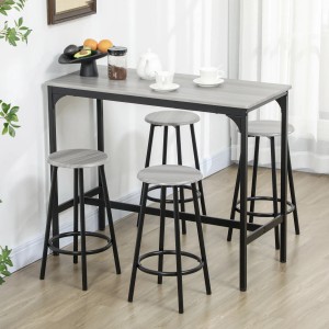 HOMCOM Bartisch Set mit 4 Barhockern, grauem MDF und schwarzem Metallgestell.