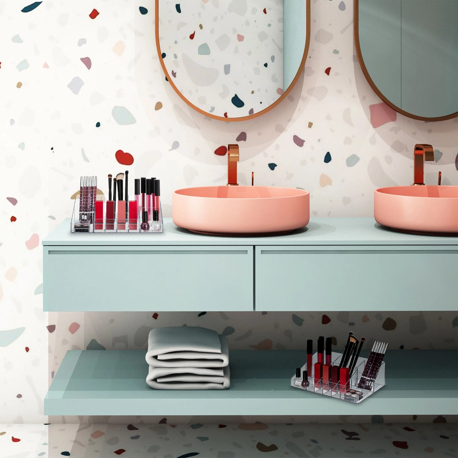 Relaxdays Make Up Organizer Kunststoff Transparent 2er Set 14 Fächer 25,5 cm x 17,5 cm x 8 cm_5