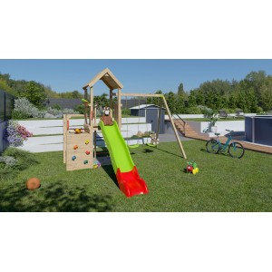 Trigano Spielturm Ultra Xplorer mit Rutsche, Sandkasten, Kletterwand und Schaukel im Garten.