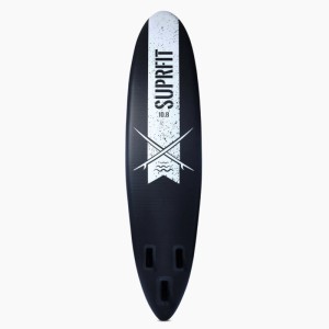 Schwarzes Suprfit Lailani 10'8 SUP Board mit weißem Logo und drei Finnenkästen. Ideal für Wassersport.