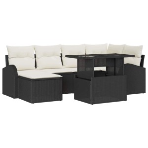 Schwarzes 7-teiliges Garten-Sofa-Set aus Poly Rattan mit Tisch und Auflagen.