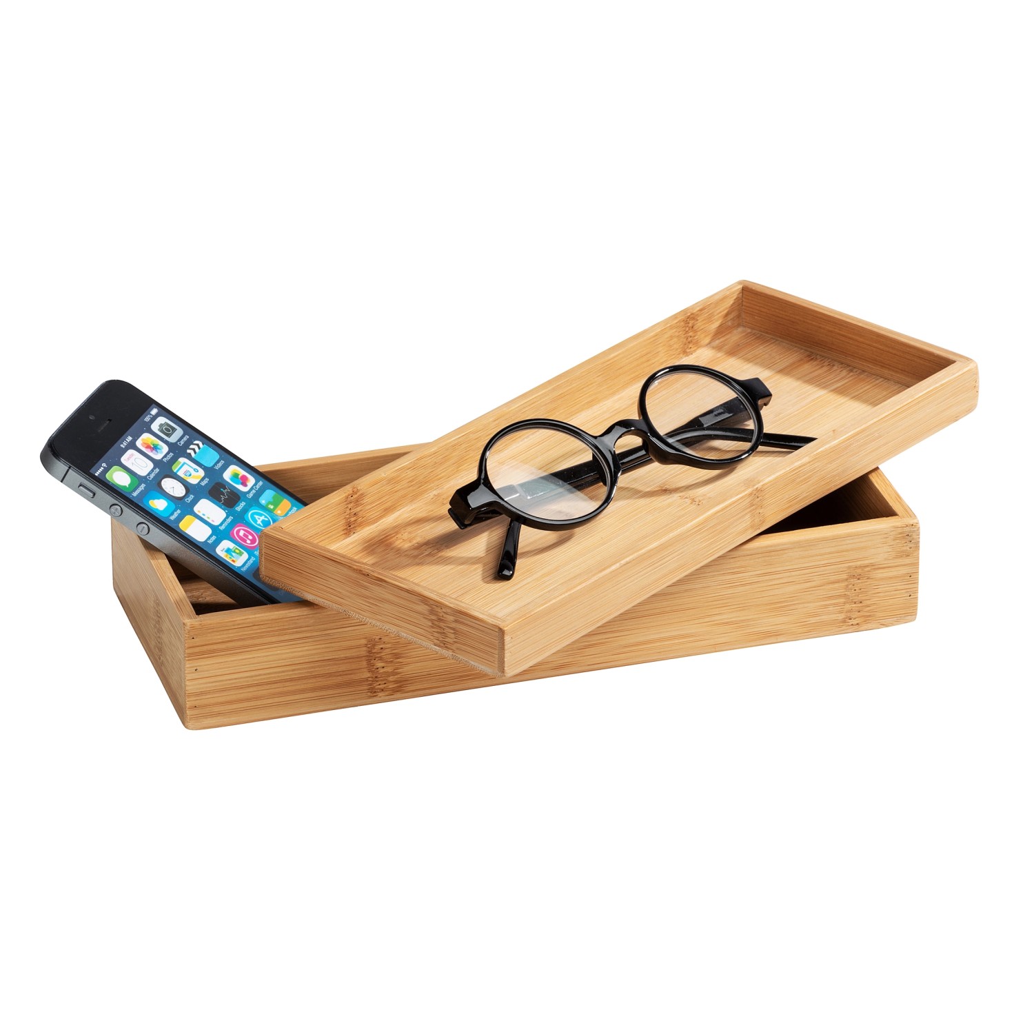 Wenko Bambus Box Terra mit Deckel, gefüllt mit Smartphone und Brille.
