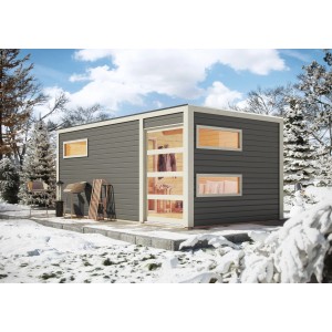 Modernes, terragraues Karibu Saunahaus Kjeld mit bronzierter Schiebetür im winterlichen Garten.