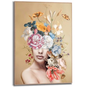 Gerahmtes Bild: Frau mit Blumen, mehrfarbig, 70x50 cm. Dekorative Wandkunst für Wohnzimmer.