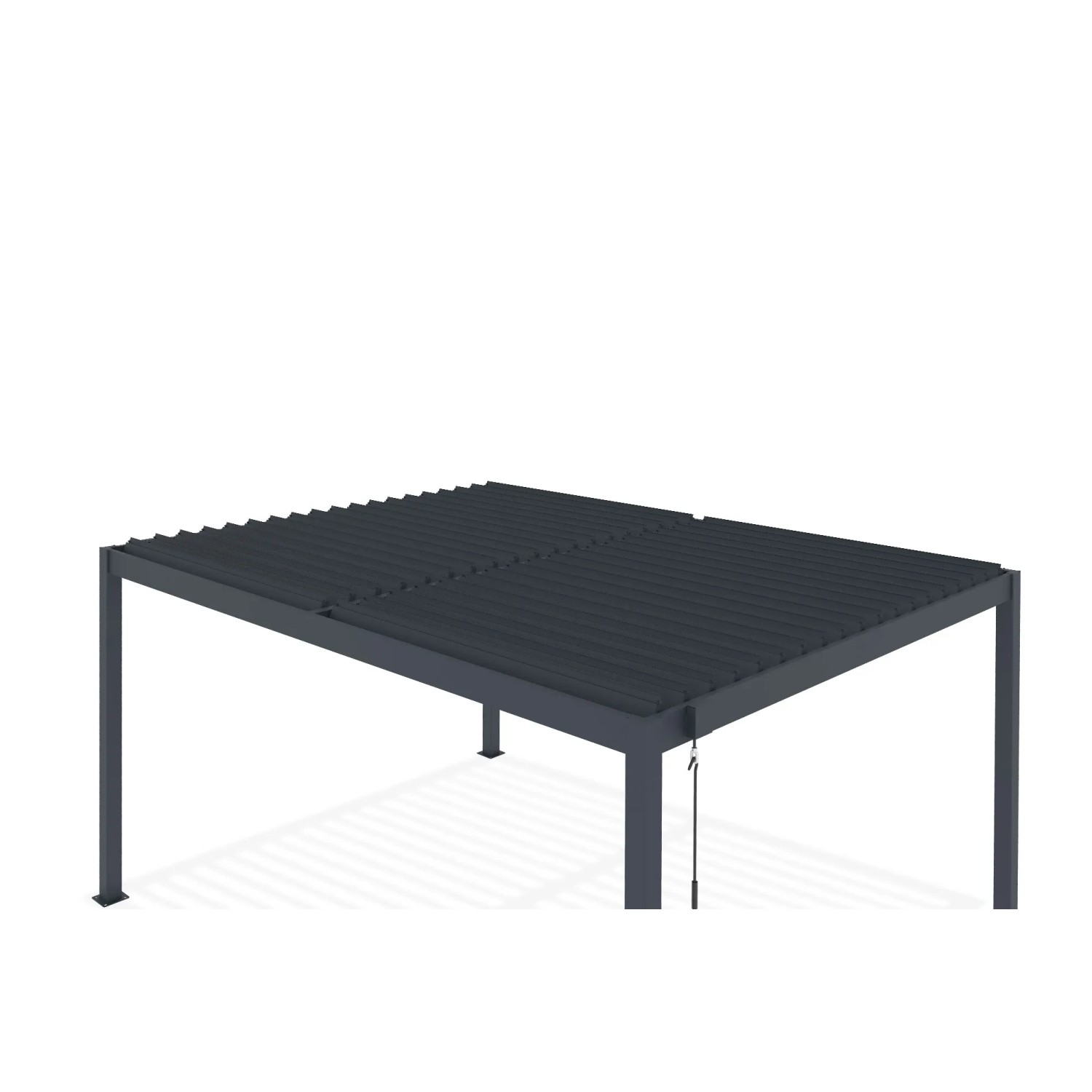 Freistehende, graue Cazeboo Piana Bioklimatische Pergola 4x3m aus Aluminium mit Stahl-Lamellen.