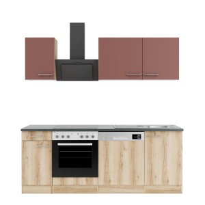 Küchenzeile in Rostrot/Wildeiche Optik mit E-Geräten wie Herd, Spüle und Geschirrspüler.