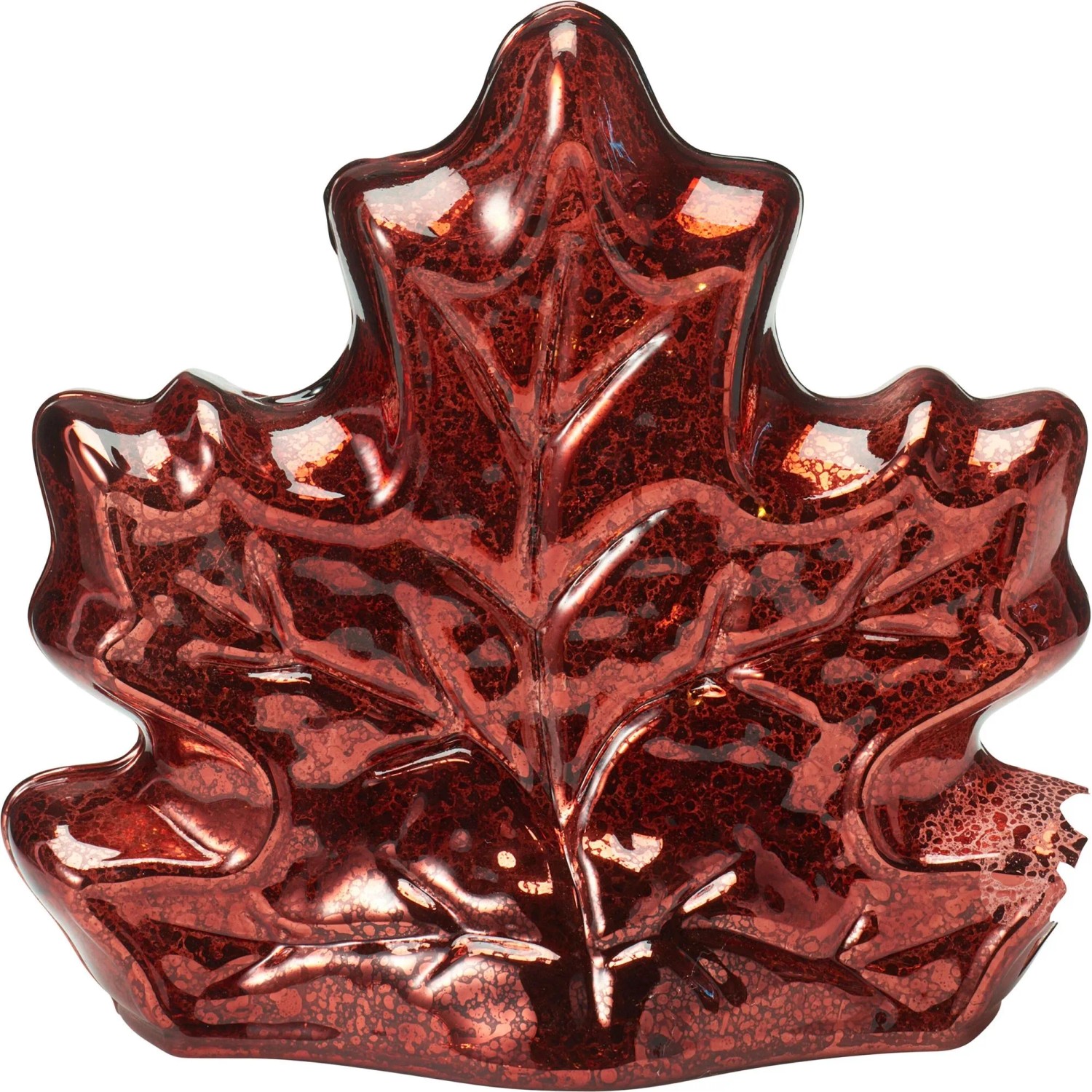 Rote Glaslampe Ahornblatt mit schimmernder Oberfläche. Dekorative LED-Figur für stimmungsvolle Beleuchtung.