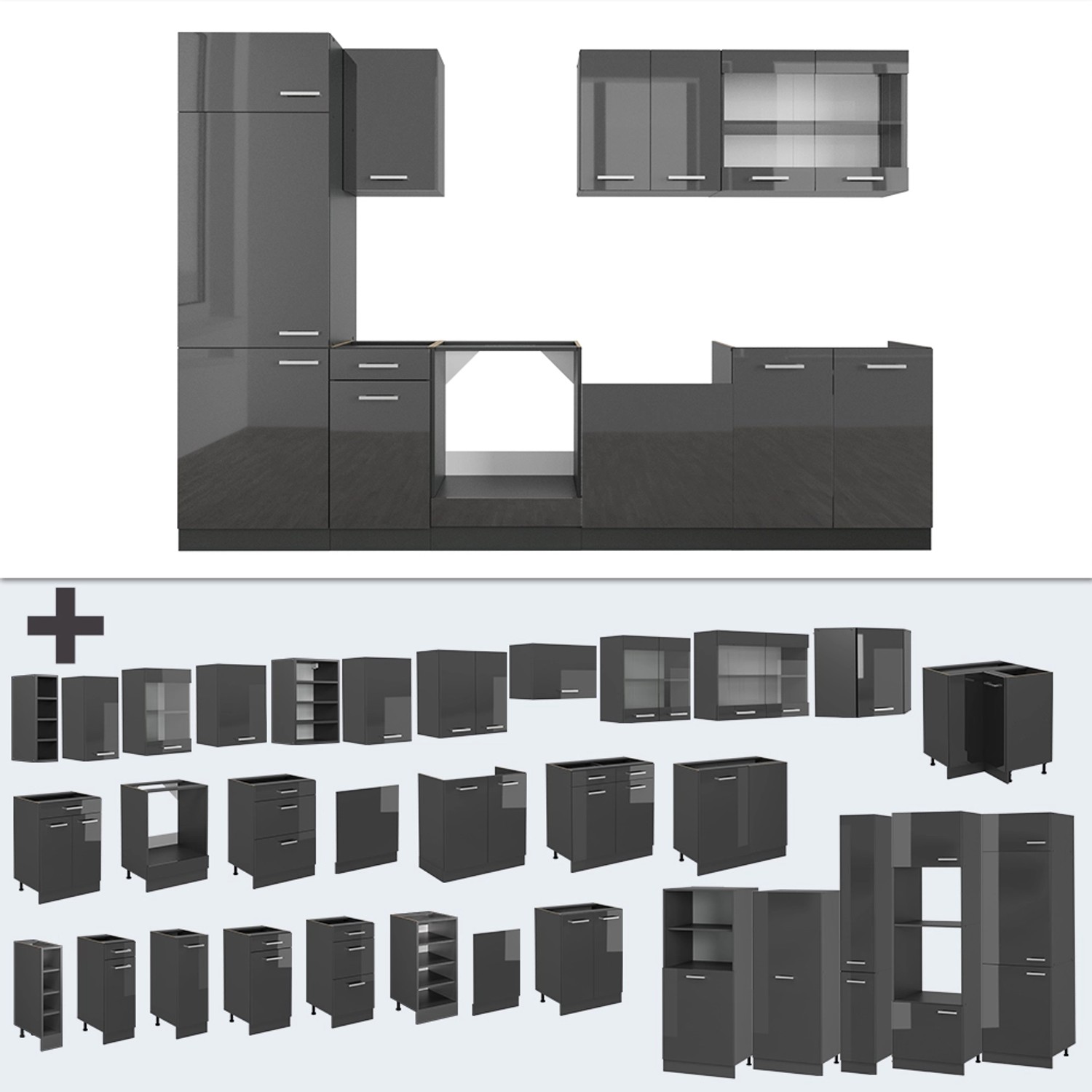 Vicco R-Line Küchenzeile, 300 cm, Anthrazit Hochglanz, ohne Arbeitsplatte, verschiedene Module.