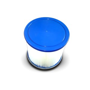 Weißer Whirlpool Filter mit blauen Kappen, 9.5 cm Durchmesser, für sauberes Wasser. Whirlpoolzubehör.