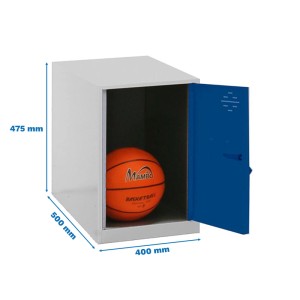 PROREGAL Schließfachwürfel in Blau-Grau mit geöffneter Tür und Basketball. Garderobenschrank.