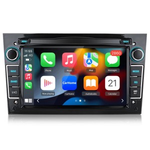 Glänzend schwarzes Junsun Opel Autoradio mit Touchscreen, CarPlay, Android Auto und Navigation.