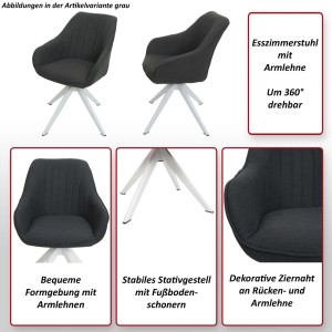 6er-Set lila Esszimmerstühle mit Armlehne, drehbar, Stoffbezug und weißem Stativgestell.