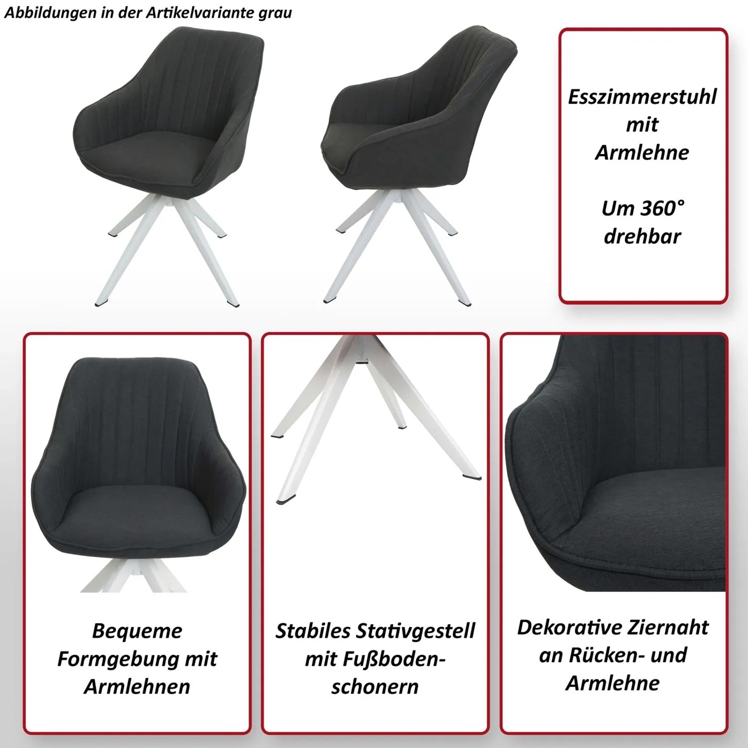 6er-Set lila Esszimmerstühle mit Armlehne, drehbar, Stoffbezug und weißem Stativgestell.