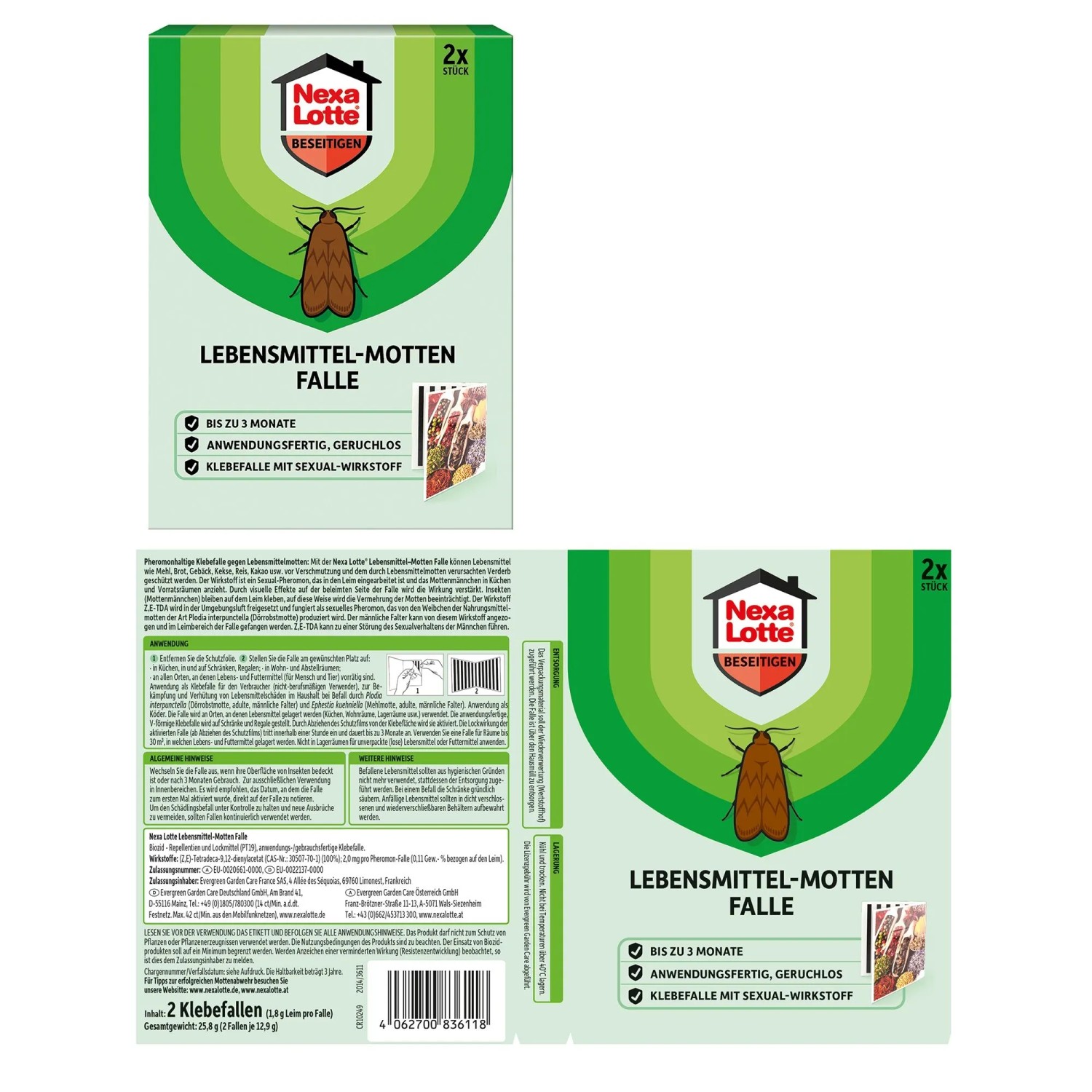 Nexa Lotte Lebensmittel-Motten Falle, 2 Stück. Grüne Verpackung mit Motten-Symbol, Klebefalle für Küche & Vorrat.