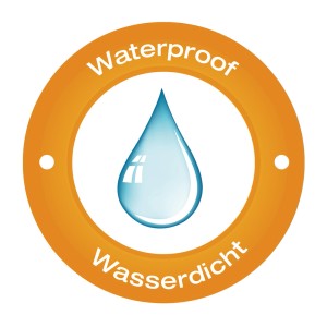 Symbol für wasserdichten Sanilo Duschvorhang, Tropfen in orangem Kreis.