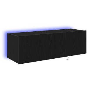 Schwarzer TV-Wandschrank in Eichenoptik mit LED-Beleuchtung, 100x35x31 cm.