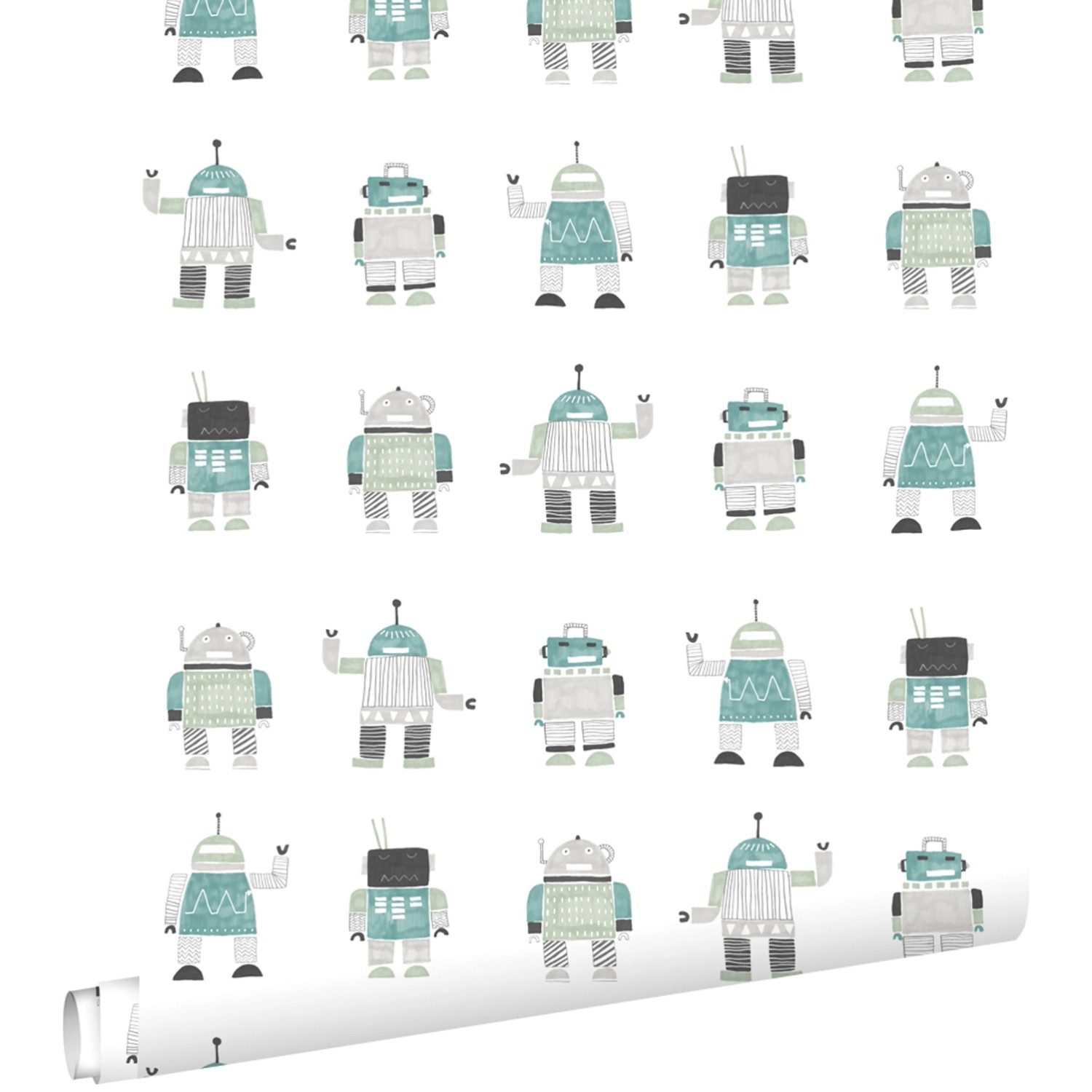 ESTAhome Tapete Gezeichnete Vintage Spielzeug Roboter Mintgrün Und Blau 53 günstig online kaufen