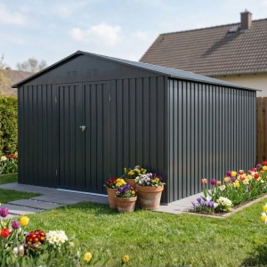 Albatros Gerätehaus 5XL in Anthrazit mit Doppeltür, Schloss und Haken im Garten.