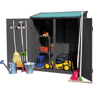 Promadino Geräteschrank, groß, anthrazitfarben, aus Holz mit Gartengeräten und Rasenmäher.