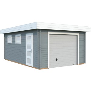 Grau-weiße Palmako Garage Rasmus mit Sektionaltor, Fenster und Tür. Fertiggarage aus Holz.