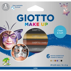 Giotto Make-up Stifte Metallic, 6 Stk. Kosmetikstifte in Gold, Silber, Bronze, Lila, Weiß und Schwarz.