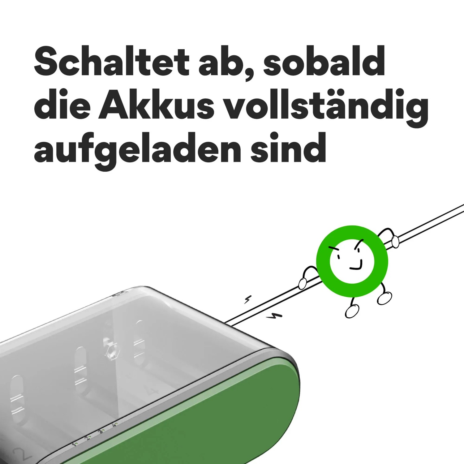GP Akku-Ladegerät B631: Schaltet ab, sobald Akkus voll sind. Illustration.