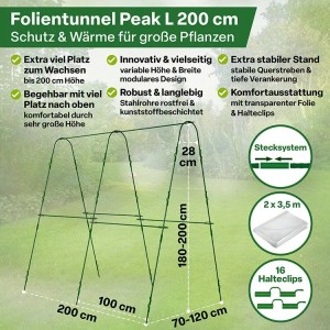 Grüner Folientunnel PEAK L, 200x120x180 cm, mit stabiler Metallkonstruktion, Stecksystem und transparenter PE-Folie für Pflanzen.