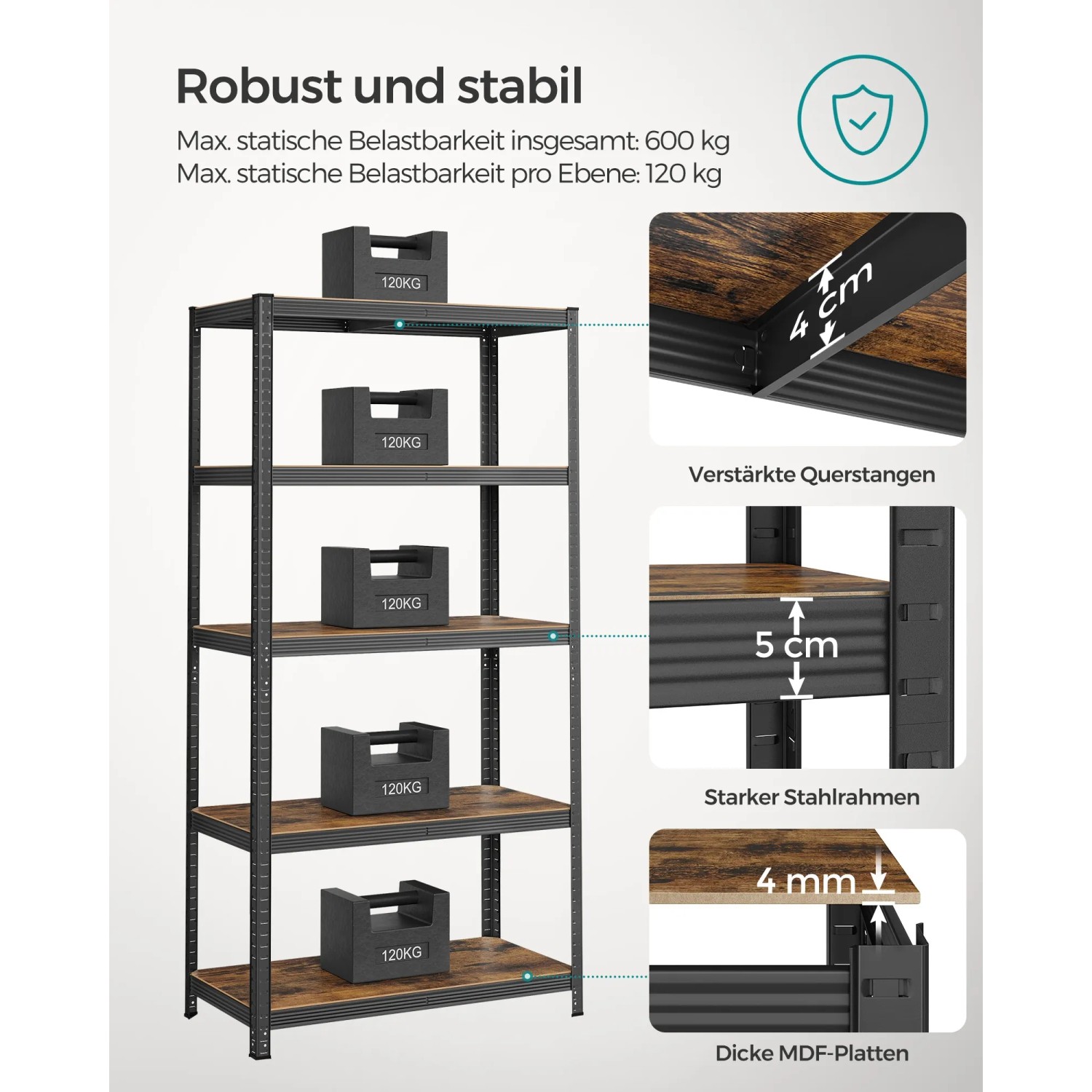 Songmics Standregal, 5 Böden, braun-schwarz, 50x100x200 cm. Robustes Regal für Werkstatt, Keller oder Lager.
