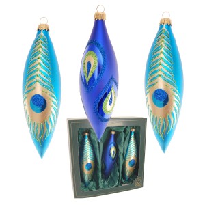 3-tlg. Set Krebs Glas Lauscha Weihnachtskugeln in Olivenform mit Pfauenmuster, 15cm.