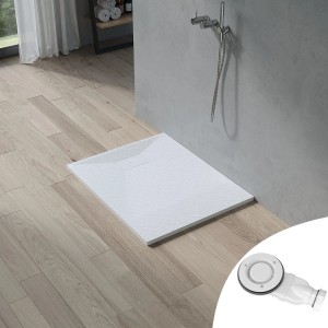Rechteckige, weiße Aquabatos Duschwanne 100x80 cm mit Ablaufgarnitur im Badezimmer.
