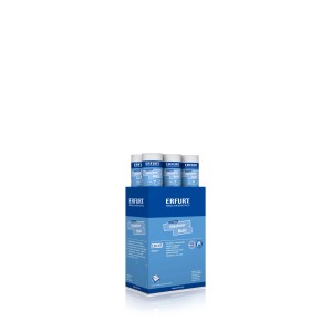 Erfurt Vliesfaser Basic 101 Tapetenrollen im blauen Display. Überstreichbare Vliestapete mit leichter Struktur.