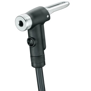 Schwarzer Pumpenkopf der Topeak JoeBlow Booster Standpumpe mit silbernem Ventilanschluss und Hebel für Fahrradreifen.