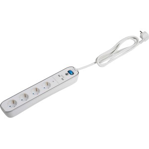 Weiße Tischsteckdosenleiste mit 4 Steckdosen und USB-Anschlüssen.