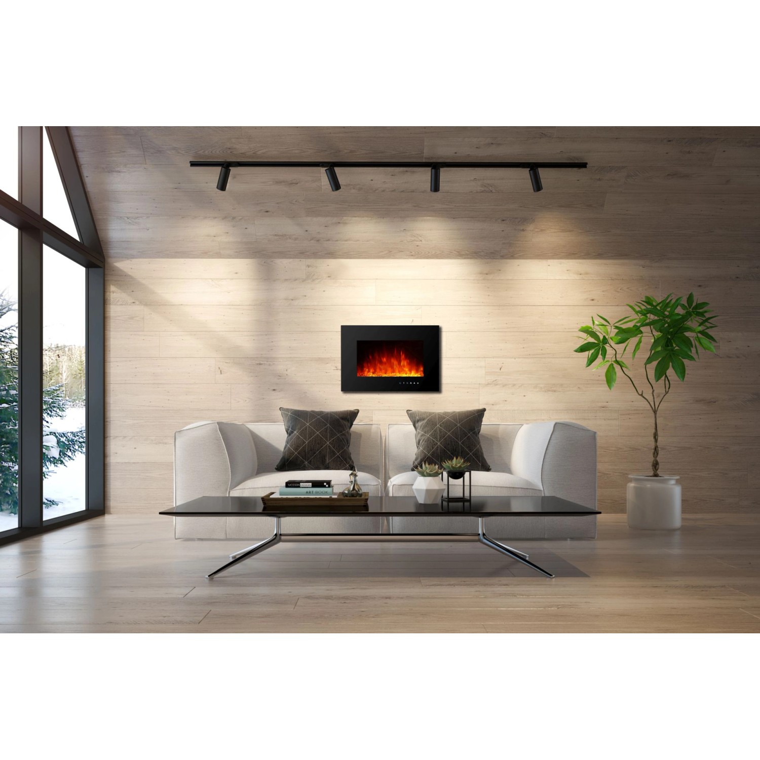 Schwarzer El Fuego Elektrokamin Aarau II mit Flammeneffekt an Wand über Sofa.